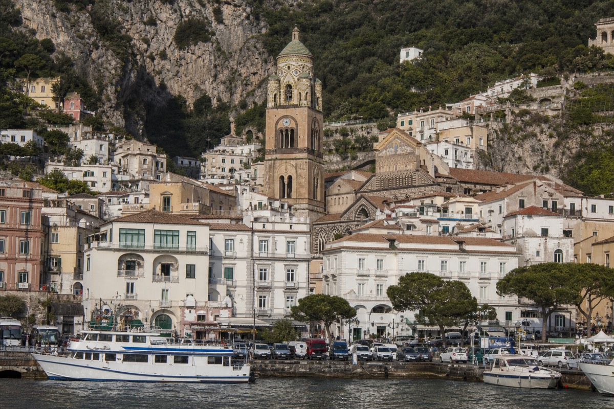 The town of Amalfi and its cathedral rising above the harbour