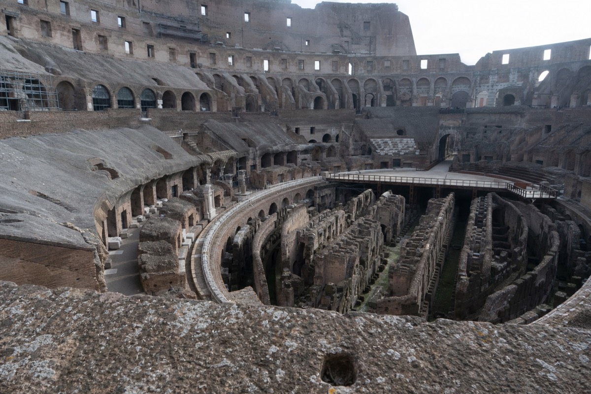 The interior of the Colosseum showing the arena floor and underground chambers