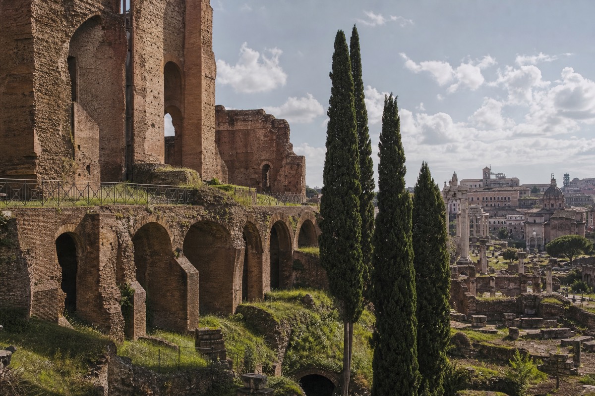 The ruins of the imperial palaces on Palatine Hill above the Roman Forum