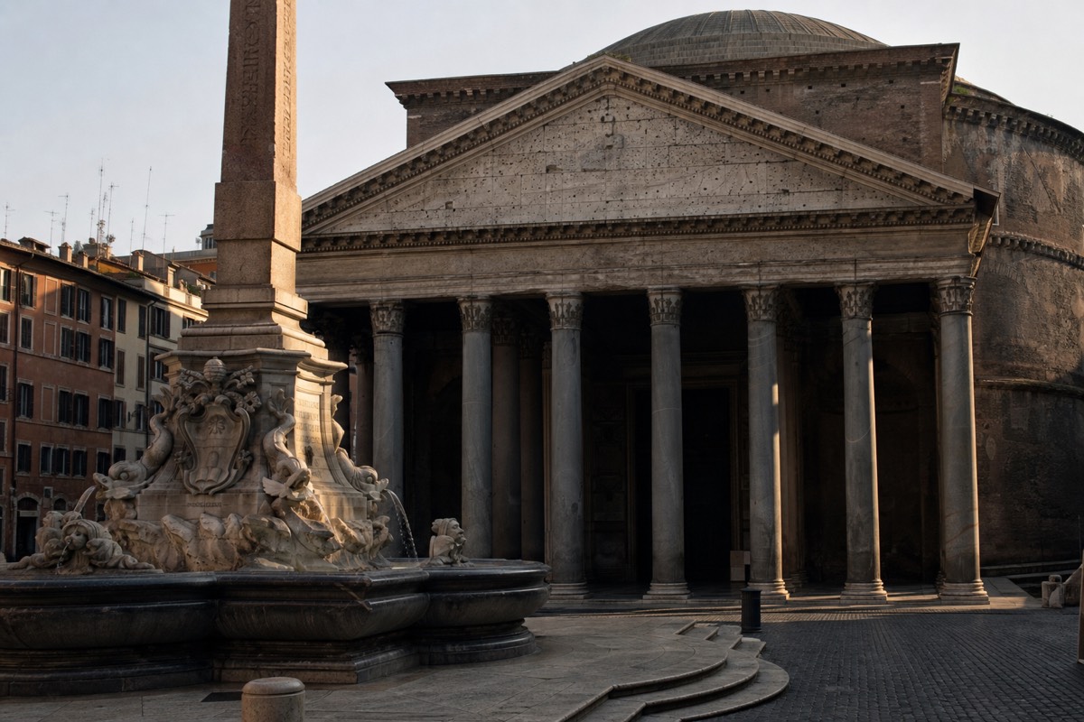 The Pantheon's portico and columns on Piazza della Rotonda in Rome