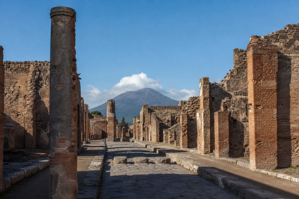 A colonnaded street in the excavated ruins of Pompeii with Vesuvius behind