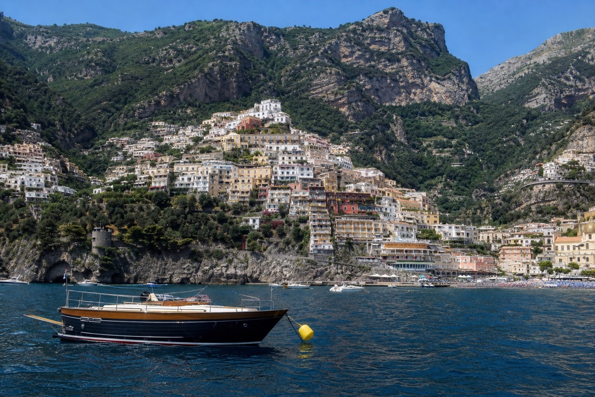 Positano's cliffside houses seen from the water on the Amalfi Coast