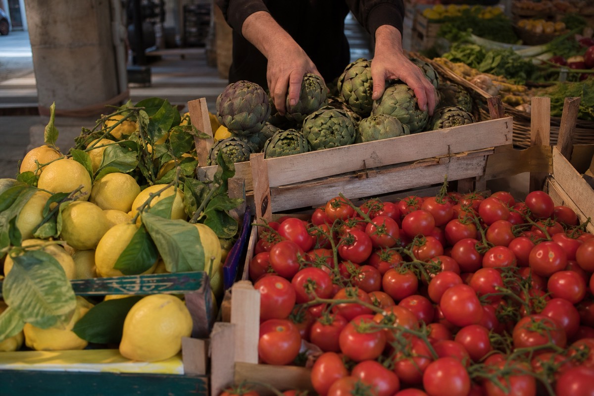 A produce stall at a Roman market