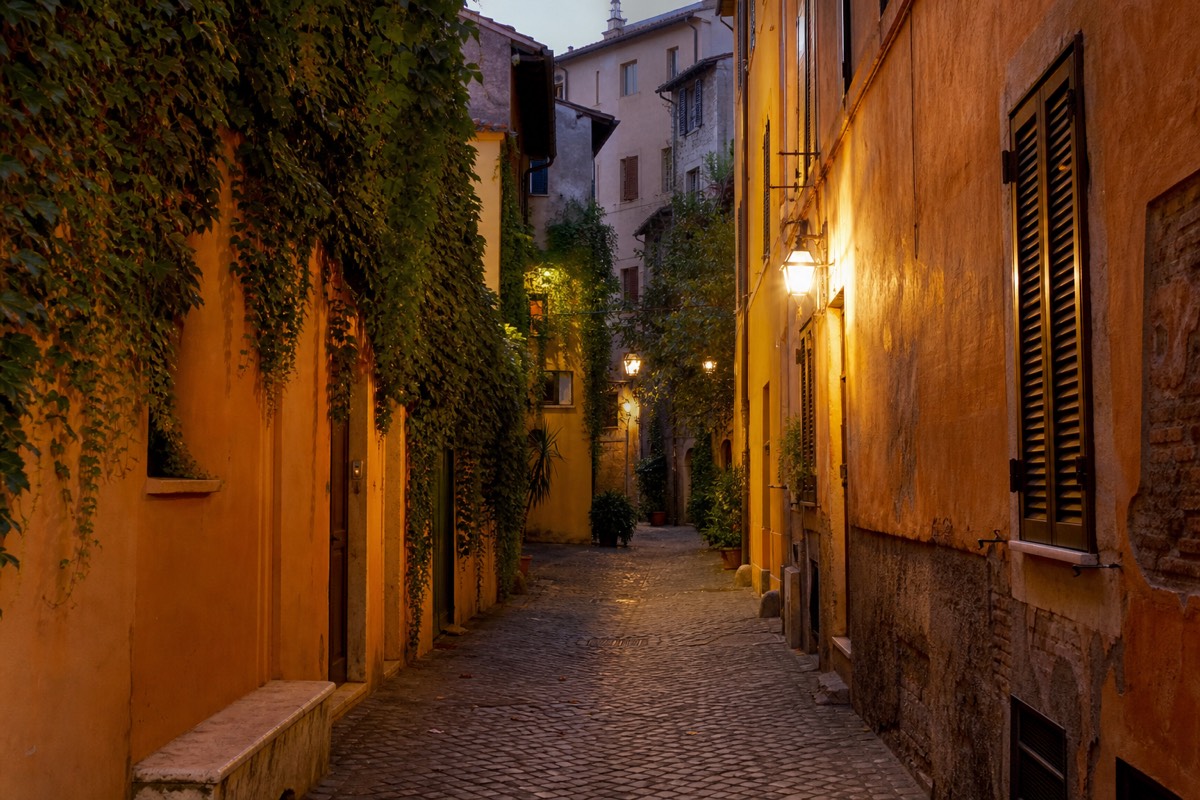 A quiet cobbled lane in Trastevere, one of the best Rome neighborhoods to stay in