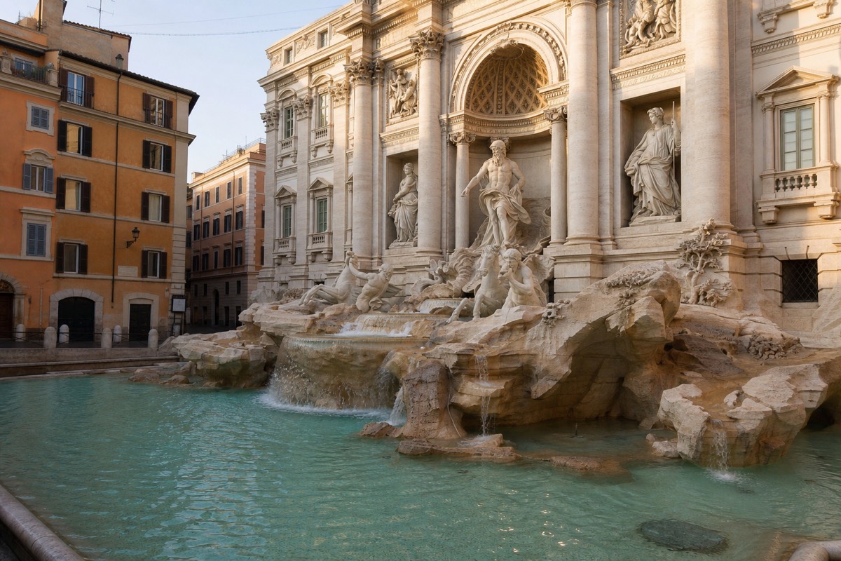 The Trevi Fountain early in the morning before the crowds arrive