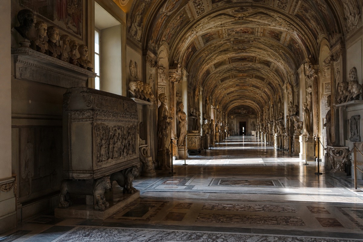 A crowded gallery inside the Vatican Museums on the way to the Sistine Chapel