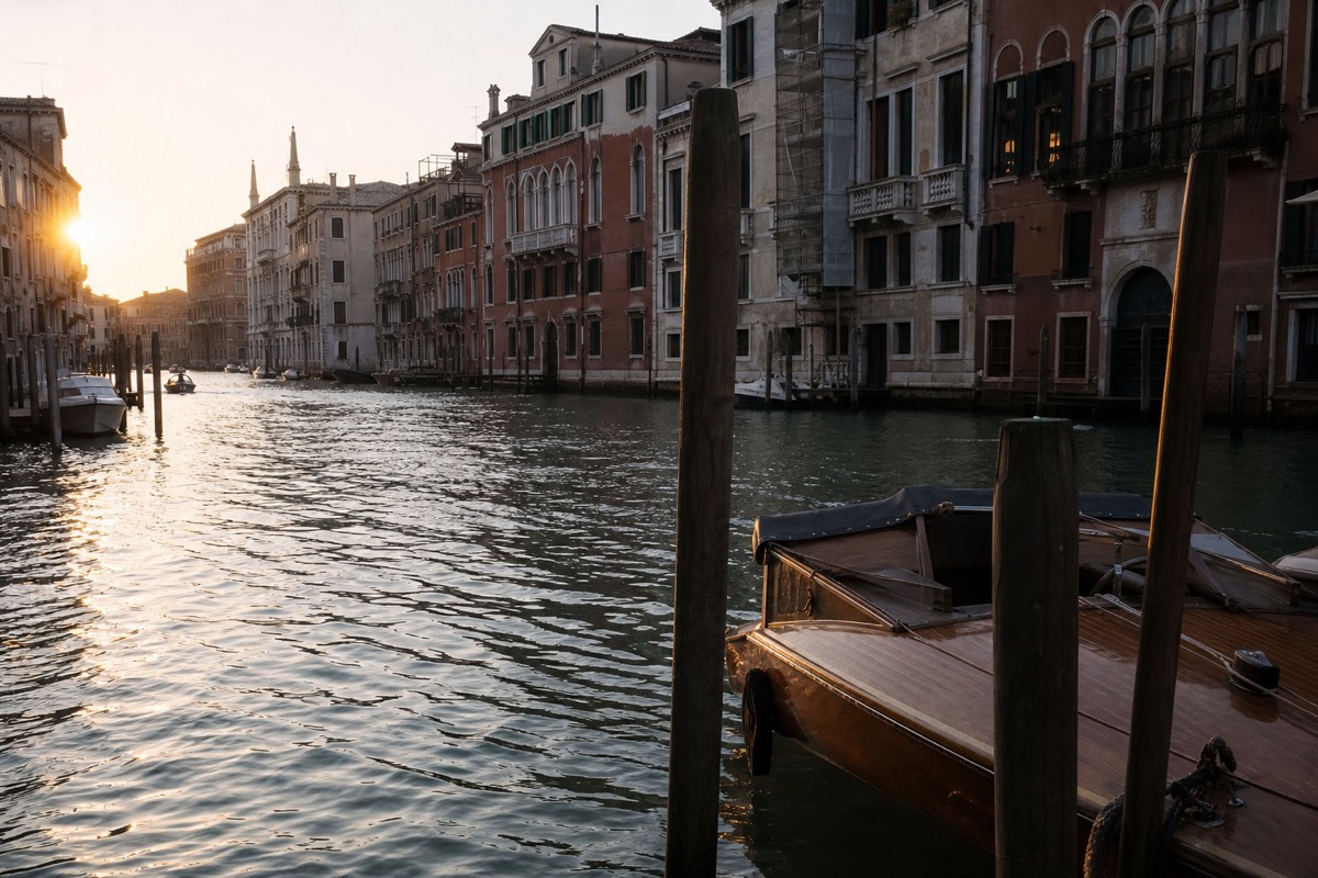 The Grand Canal in Venice lined with palaces at golden hour